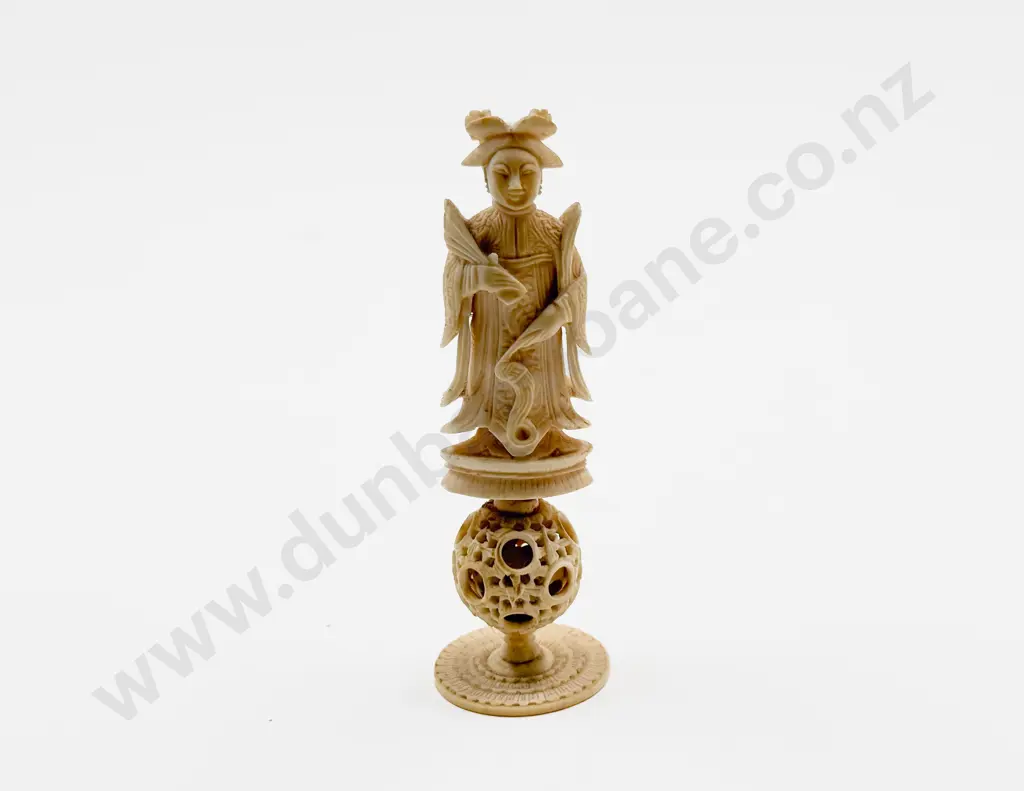 Antique Carved Ivory Chess Piece of a Queen on Puzzle Ball Stand (faults) Image 1++