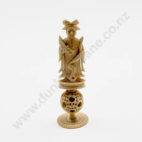 Antique Carved Ivory Chess Piece of a Queen on Puzzle Ball Stand (faults)