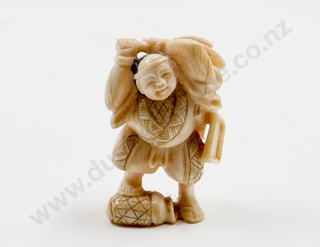 Signed Carved Ivory Netsuke of a Woodsman Image 1++