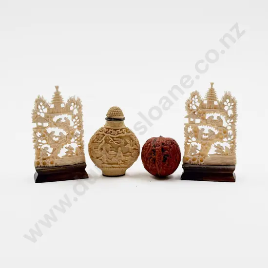 Two Carved Ivory Village Scene Panels - Carved Walnut Shell and Resin Snuff Bottle