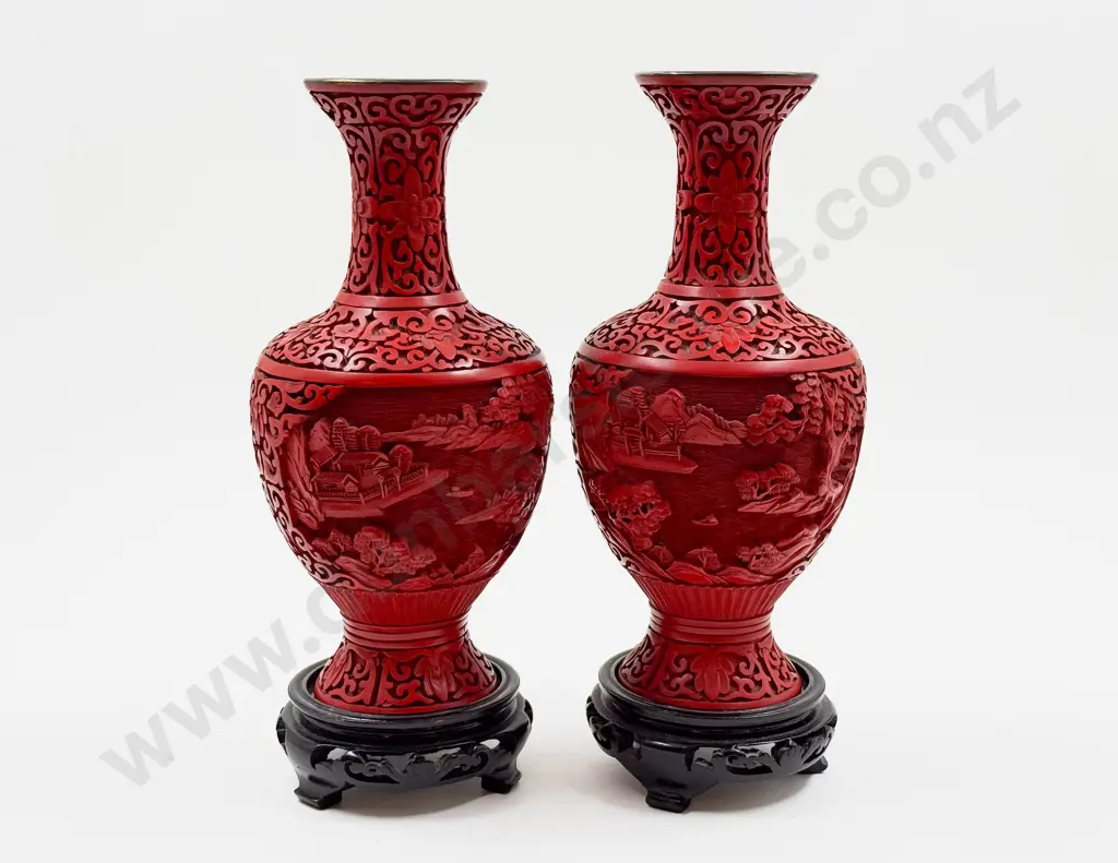 Pair of Carved Cinnabar Lacquer Vases Image 1++