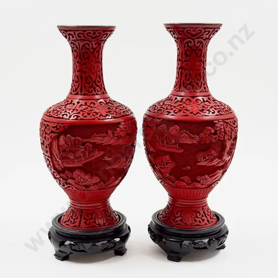 Pair of Carved Cinnabar Lacquer Vases
