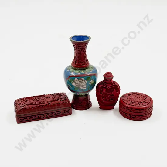 Small Cinnabar Lacquer and Cloisonné Vase and Others