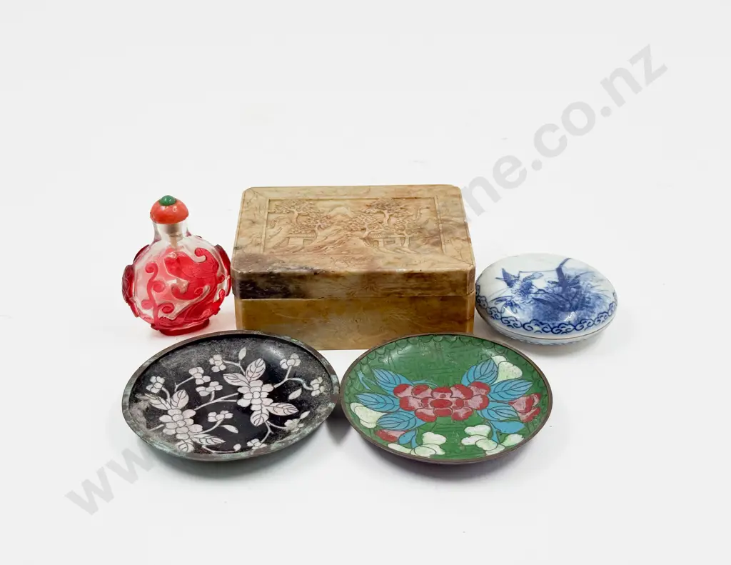 Soapstone Box with Two Cloisonne Dishes with Seal Box (af) Image 1++