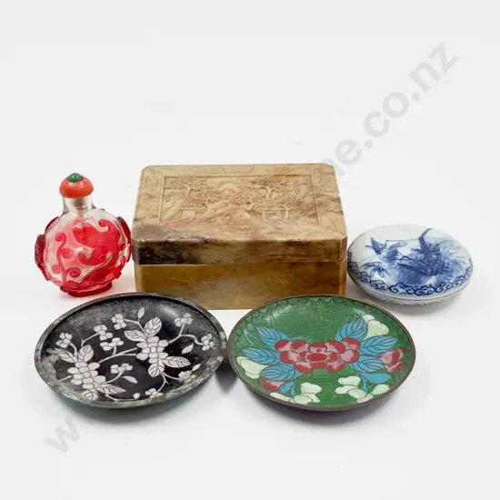 Soapstone Box with Two Cloisonne Dishes with Seal Box (af)