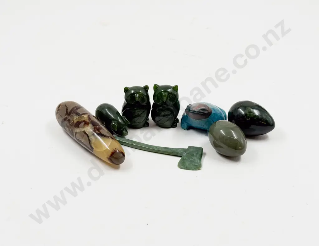 Five Small Green Stone Ornaments - Axe with Turquoise Frog and Agate Form Image 1++