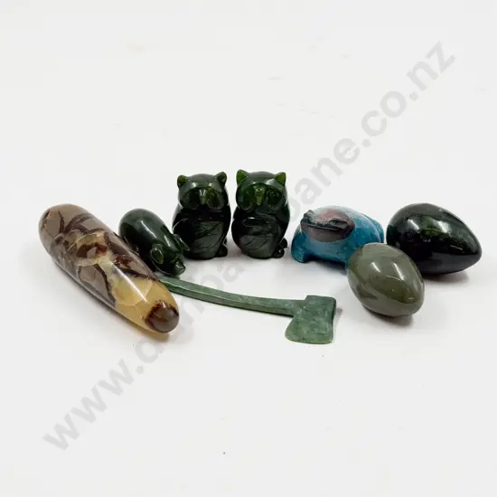 Five Small Green Stone Ornaments - Axe with Turquoise Frog and Agate Form
