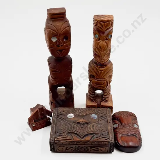Carved Maori Box with Two Standing Tiki and Assorted