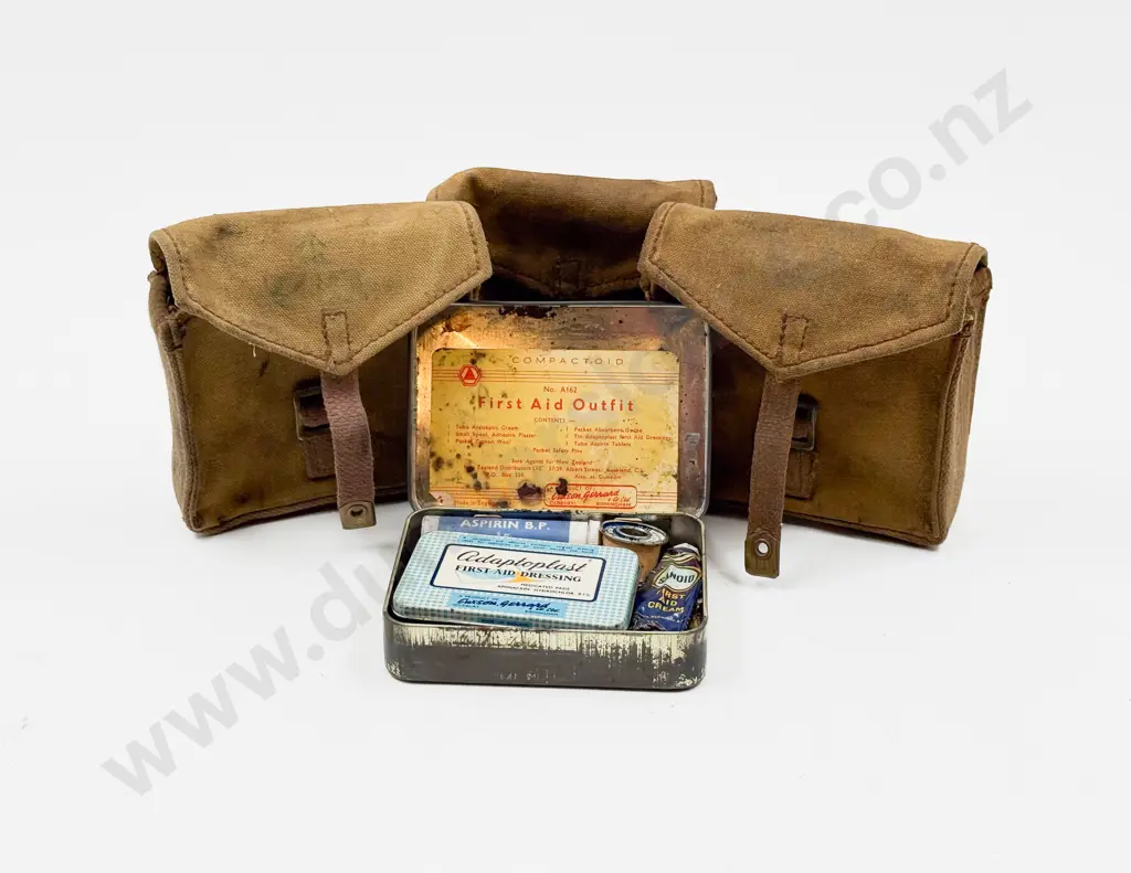 Three WWII Canvas Belt Pouches with First Aid Tin and Rifle Cleaning Rod Image 1++