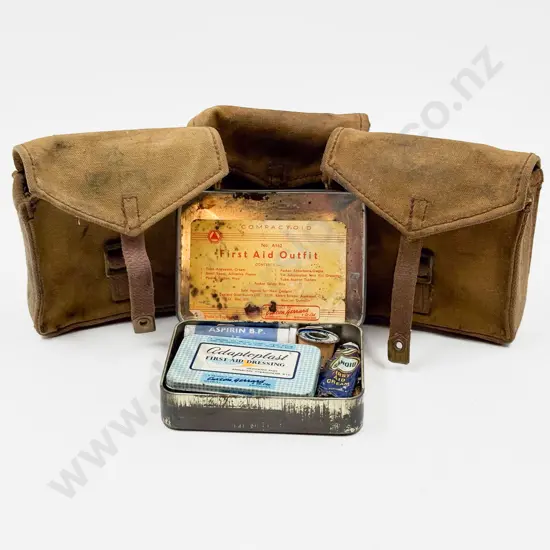 Three WWII Canvas Belt Pouches with First Aid Tin and Rifle Cleaning Rod