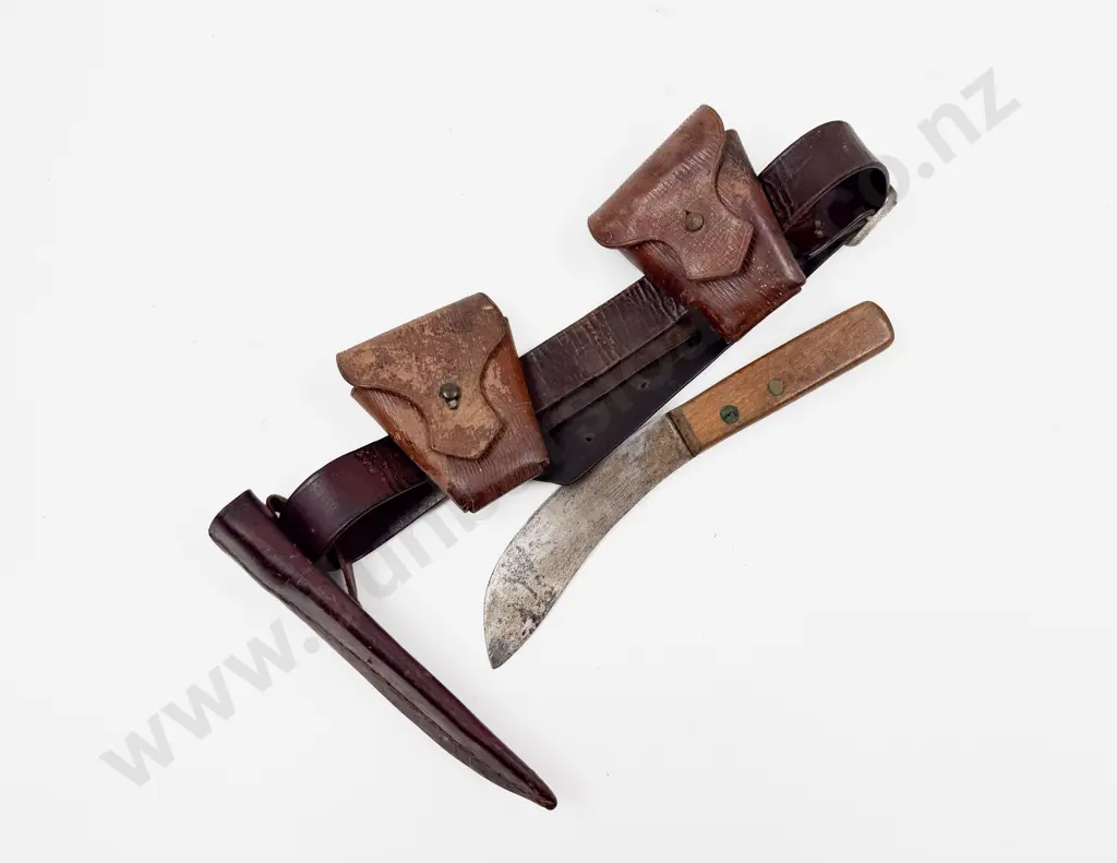 Three WWII Leather Belt with Two Pouches Attached and Bully Knife Image 1++
