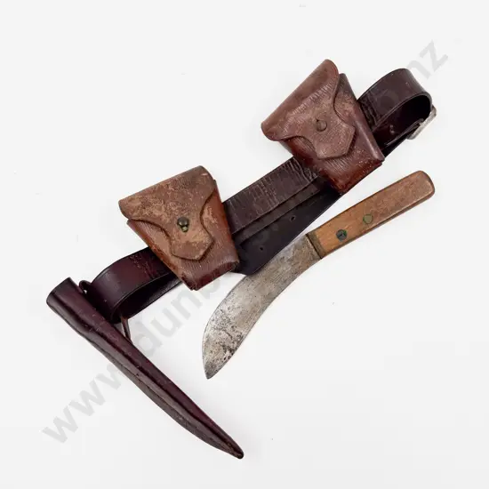 Three WWII Leather Belt with Two Pouches Attached and Bully Knife