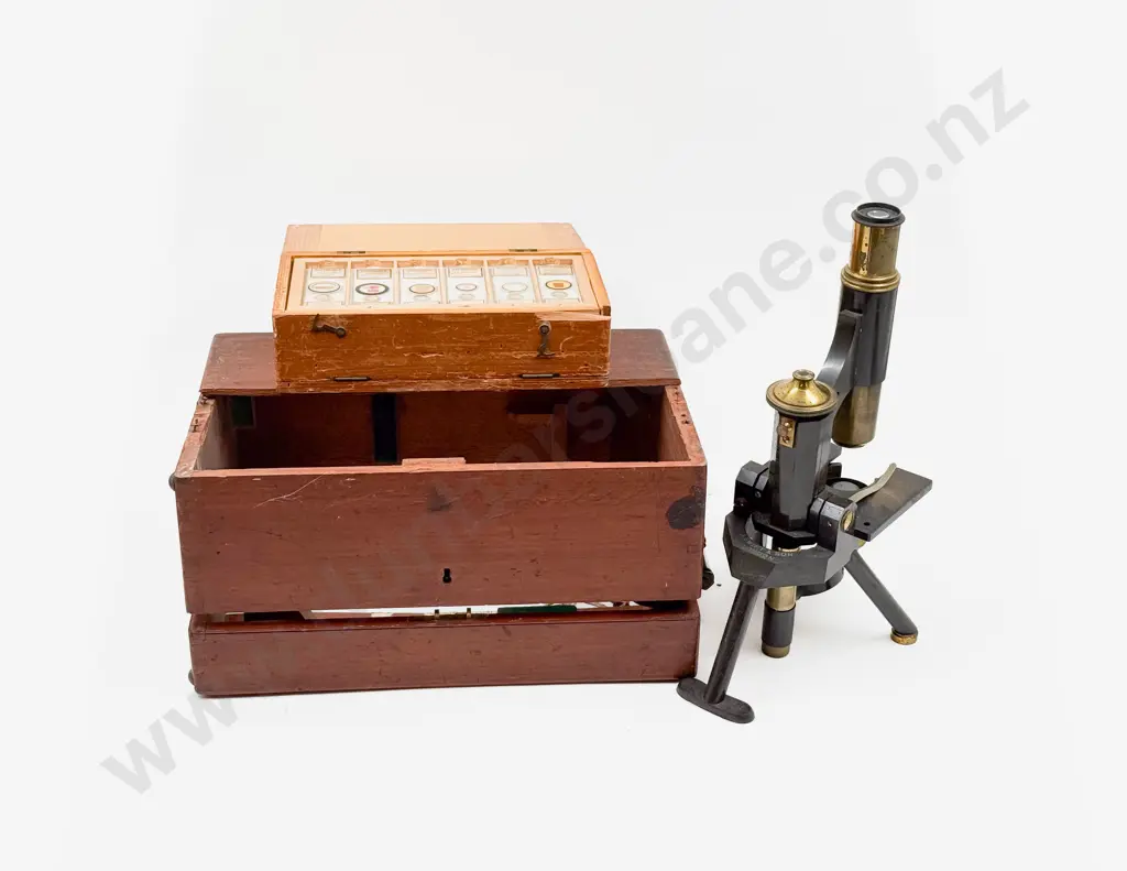 C19th J Swift and Son London Microscope with Fitted Box (faults) and Specimen Box with Eight Trays of Slides Image 1++