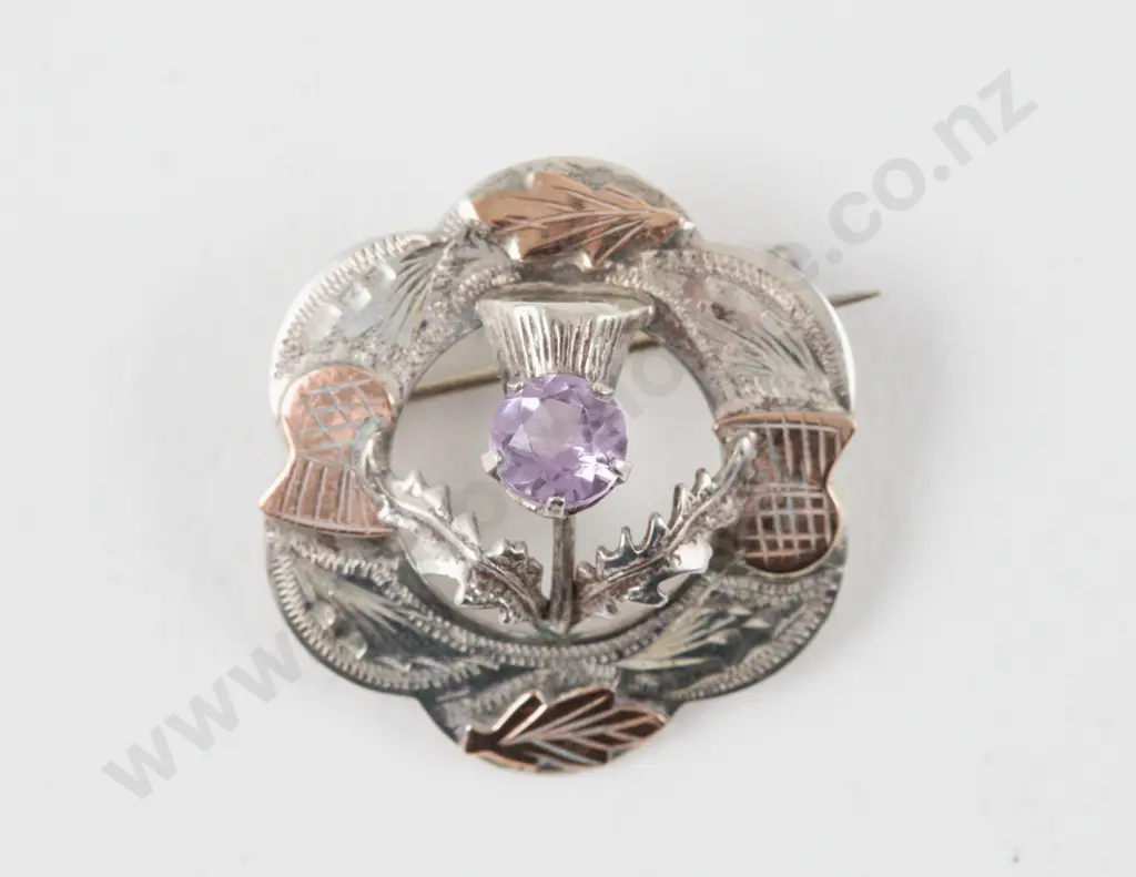 S/S and Gold Amethyst Paste Thistle Brooch Image 1++