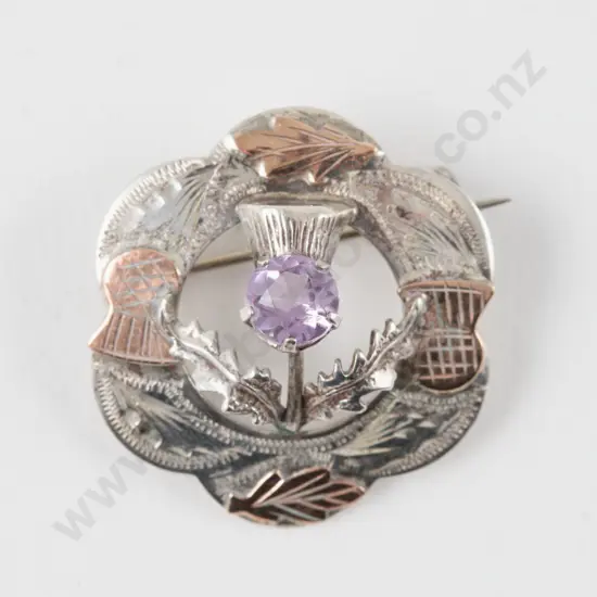 S/S and Gold Amethyst Paste Thistle Brooch