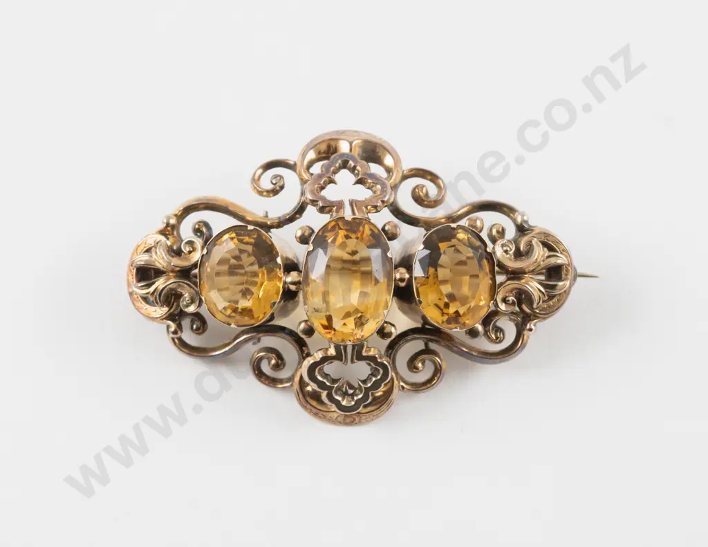 Victorian Gold Plated Three Stone Citrine Brooch Image 1++