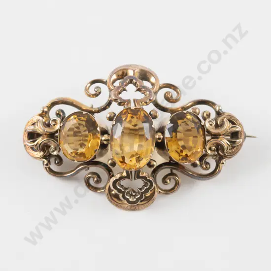 Victorian Gold Plated Three Stone Citrine Brooch