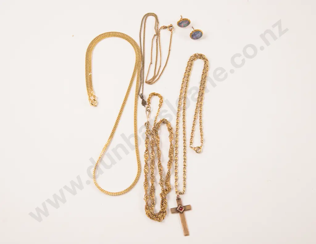 9ct Cross Pendant and Opal Stud Earrings with Collection of Gold Plated Neck Chains Image 1++