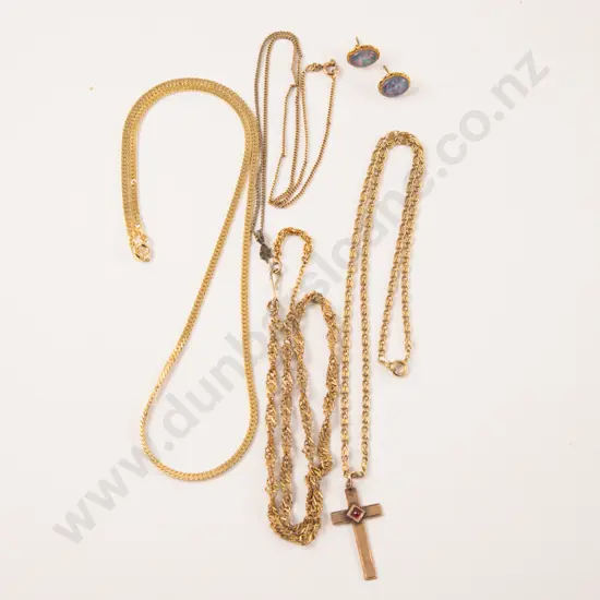 9ct Cross Pendant and Opal Stud Earrings with Collection of Gold Plated Neck Chains