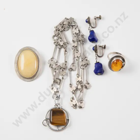 S/S Single Stone Amber Ring with Brooch and Two Others