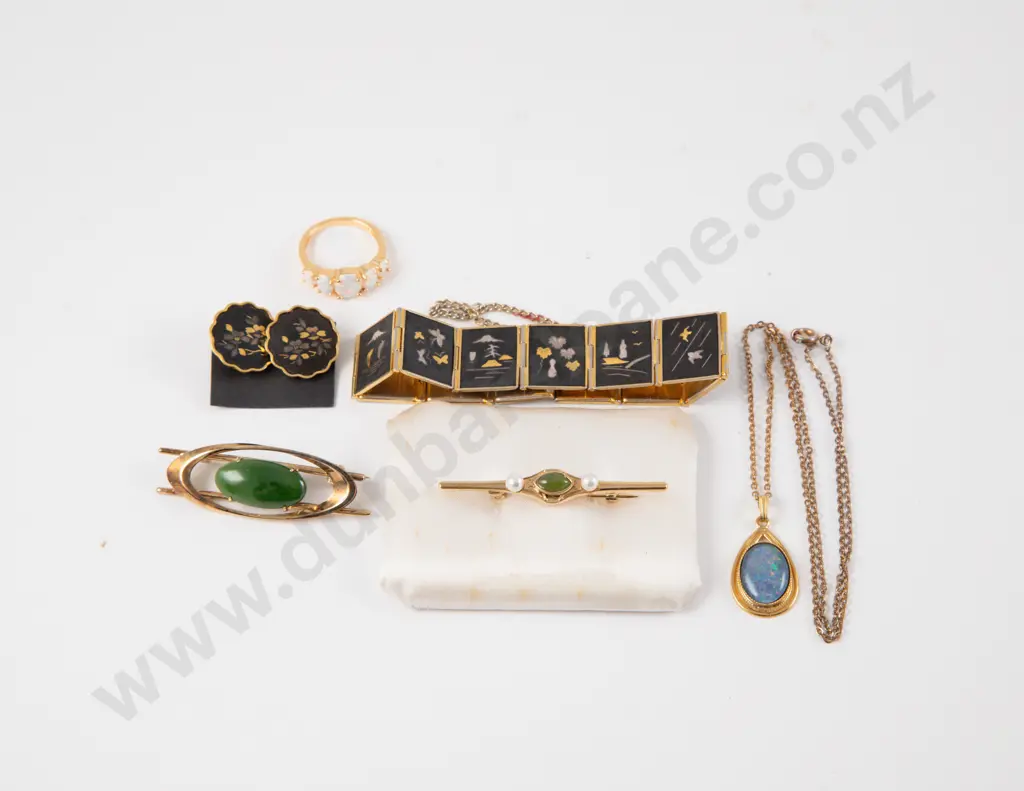 Vintage Damascene Clip on Earrings and Bracelet together with Greenstone and Opal Jewellery Image 1++