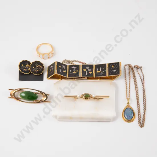 Vintage Damascene Clip on Earrings and Bracelet together with Greenstone and Opal Jewellery