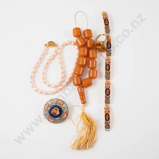 Micro Mosaic Brooch and Bracelet with Fresh Water Pearl Necklace