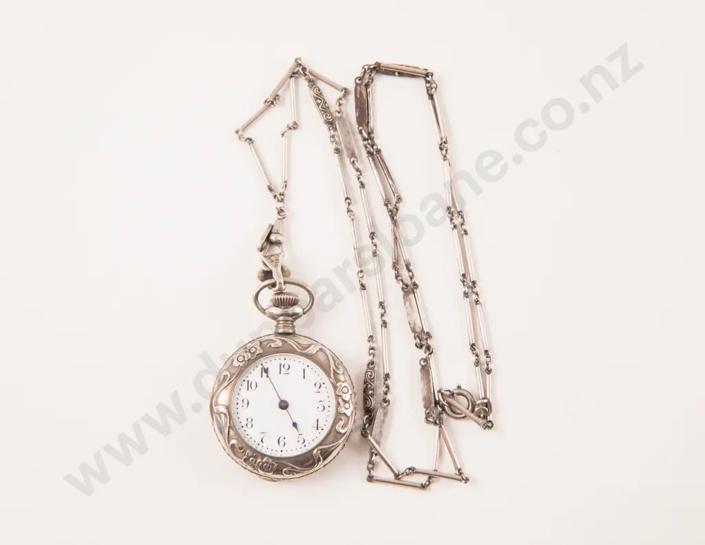 .800 Silver and Marcasite Neck Chain with Engraved Pocket Watch Image 1++