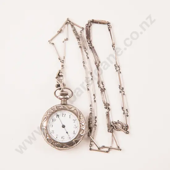 .800 Silver and Marcasite Neck Chain with Engraved Pocket Watch