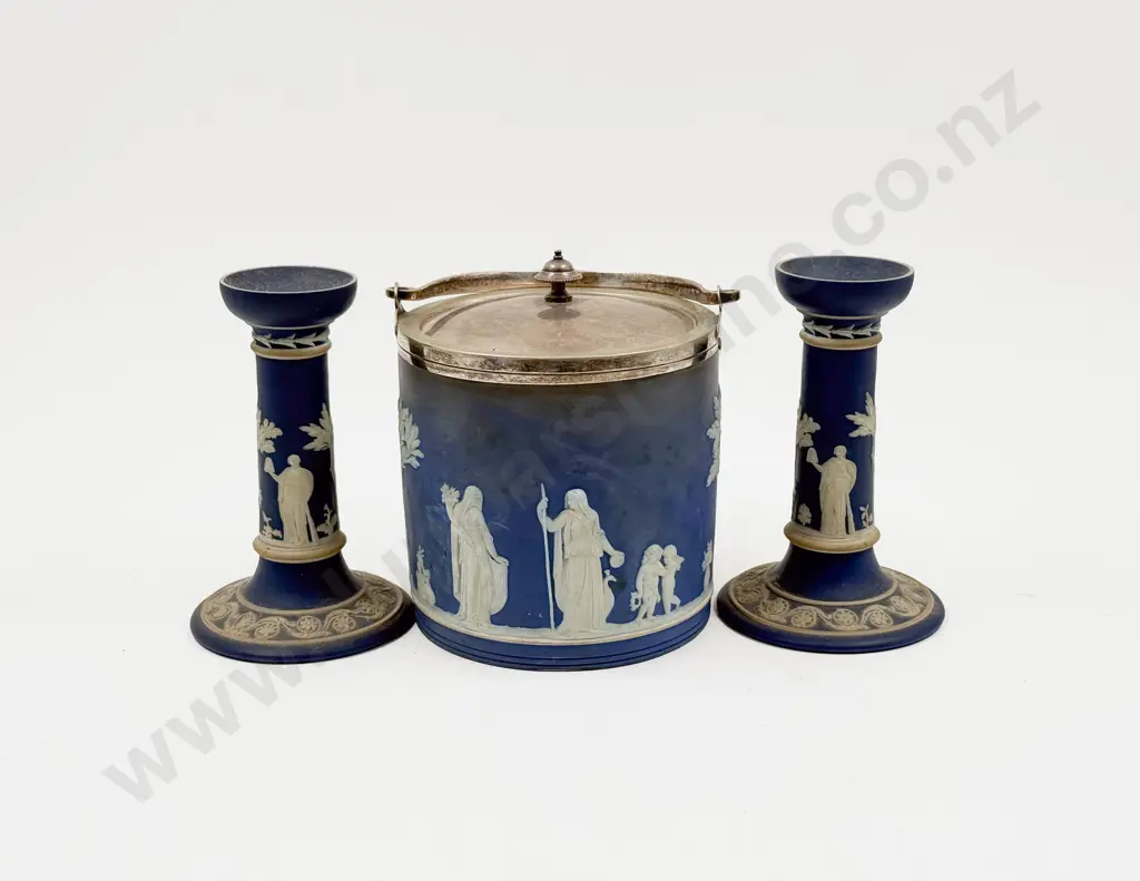 Pair of Tunstall Jasperware Candlesticks and Biscuit Barrell Image 1++