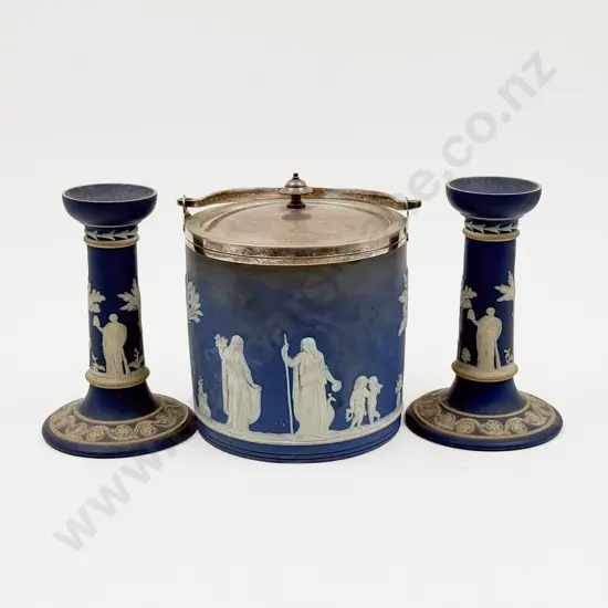 Pair of Tunstall Jasperware Candlesticks and Biscuit Barrell
