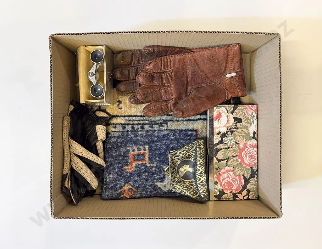 Cased Pair of MOP Opera Glasses Together with Gloves and Purses Etc Image 1++