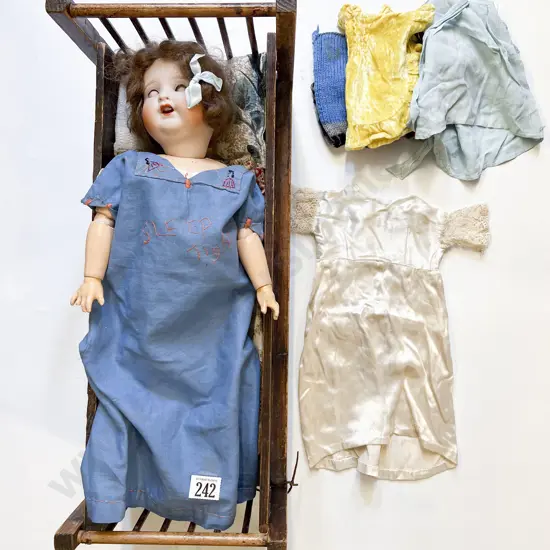 Vintage Dolls Bed with Costume and Bisque Doll