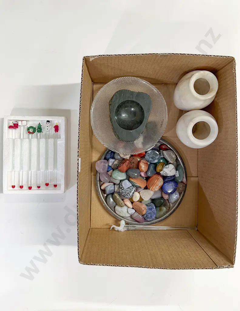 Pair Alabaster Vases & Assorted Hardstone Pebbles Etc Image 1++