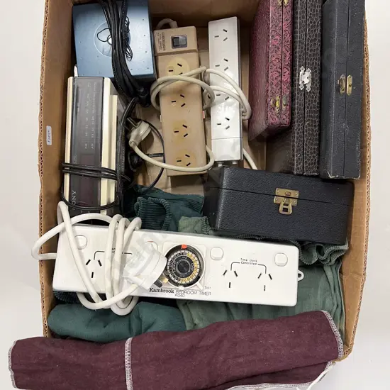 Box of Assorted Electronics & Cutlery Boxes etc