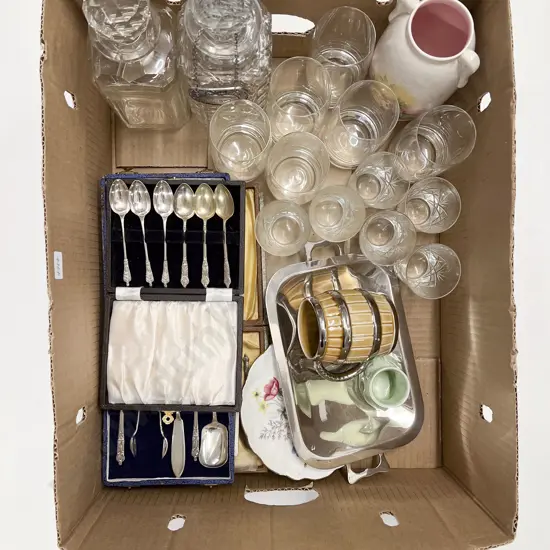 Quantity of Assorted incl Boxed Cutlery with Decanters & Glassware etc