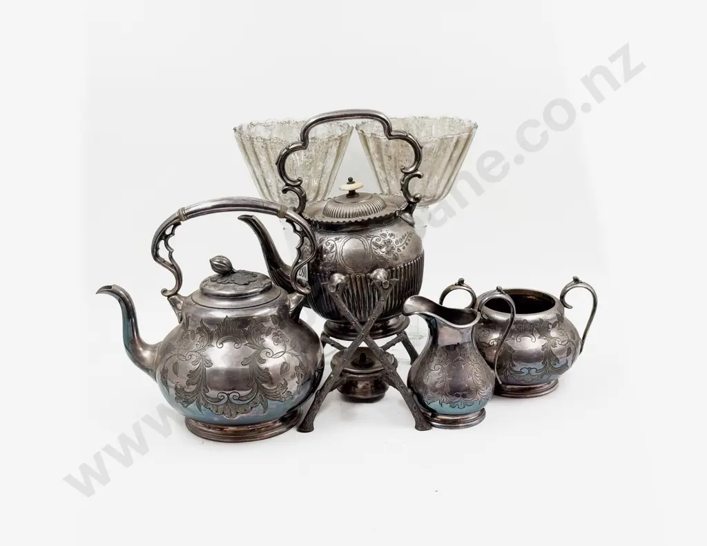 Three Piece S/P Teaset together with Spirit Kettle & Two French Country Collection Novelty Goblets Image 1++