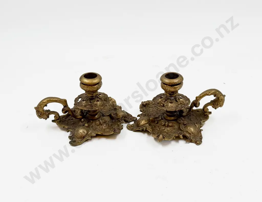 Pair of Ornate Brass Chamber Sticks Image 1++