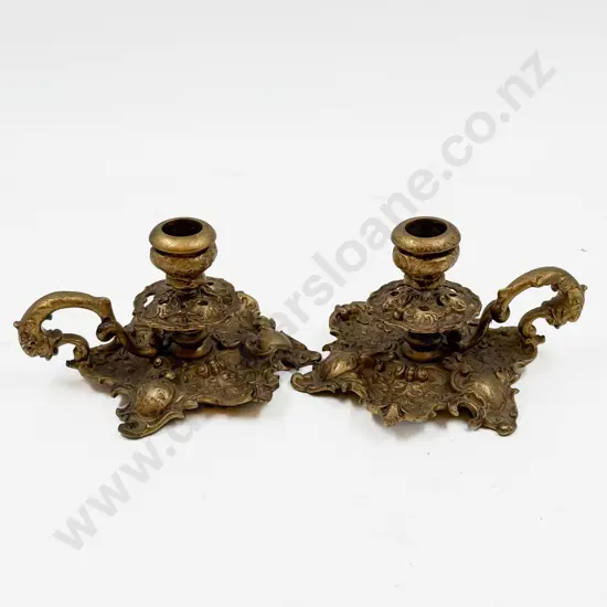Pair of Ornate Brass Chamber Sticks