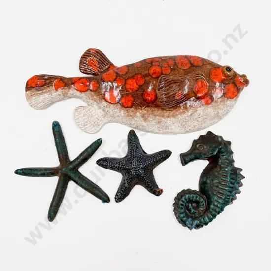 "Globe Fish" Signed Suzee Wall Hanging & Three Other Wall Hangings