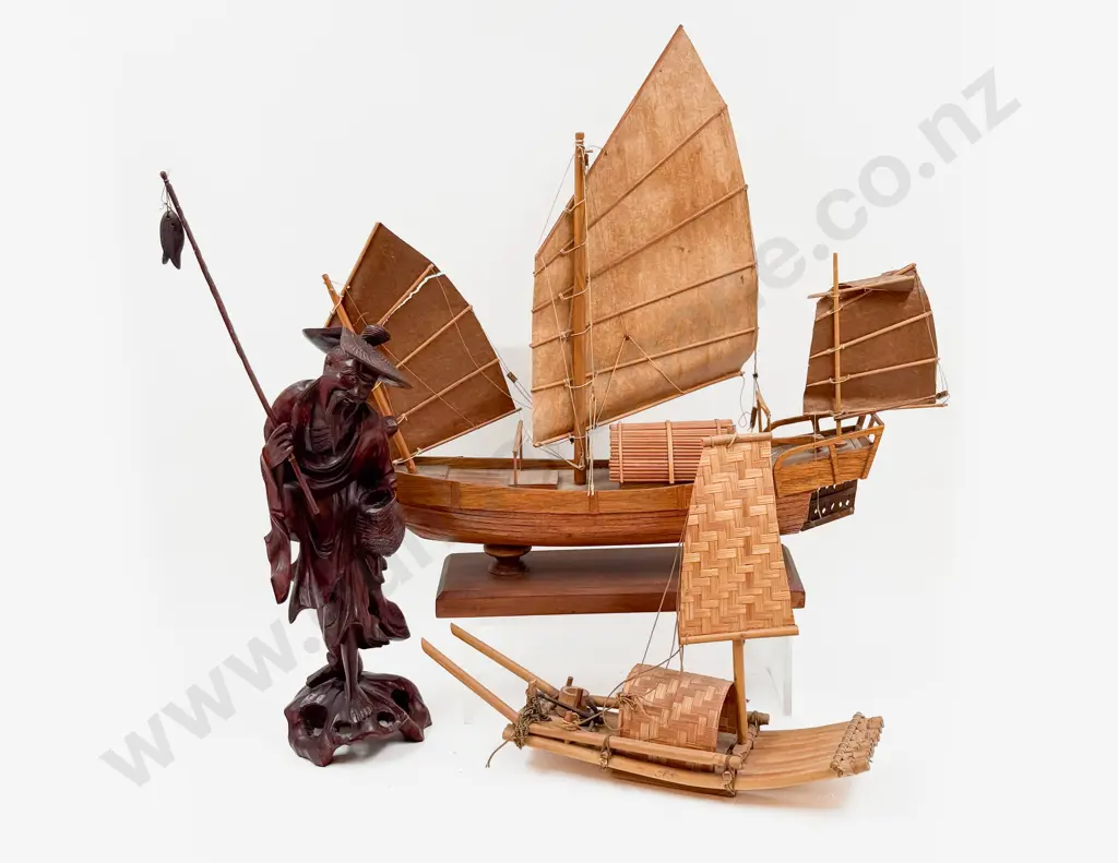 Model of a Chinese Junk together with Similar & Fisherman Figure Image 1++