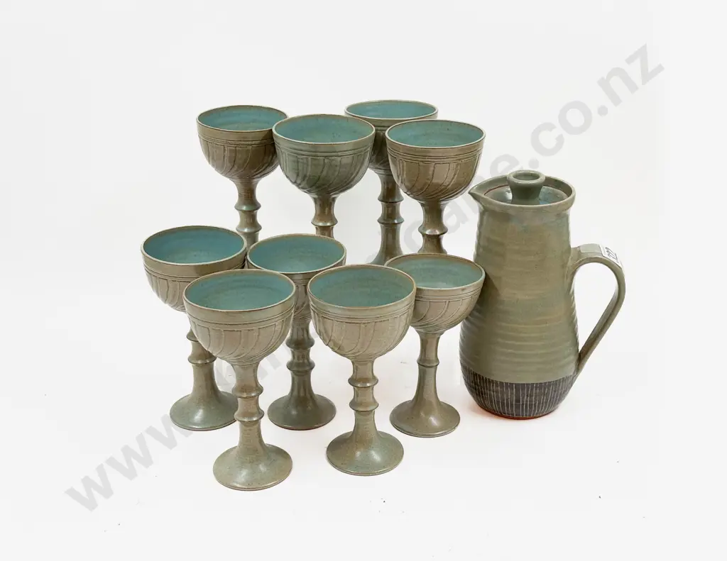 Patti Meads Water Jug together with Nine Goblets (of Sizes) Image 1++