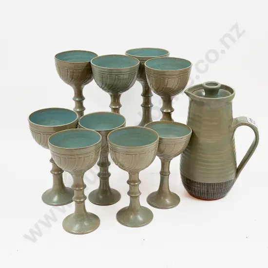 Patti Meads Water Jug together with Nine Goblets (of Sizes)