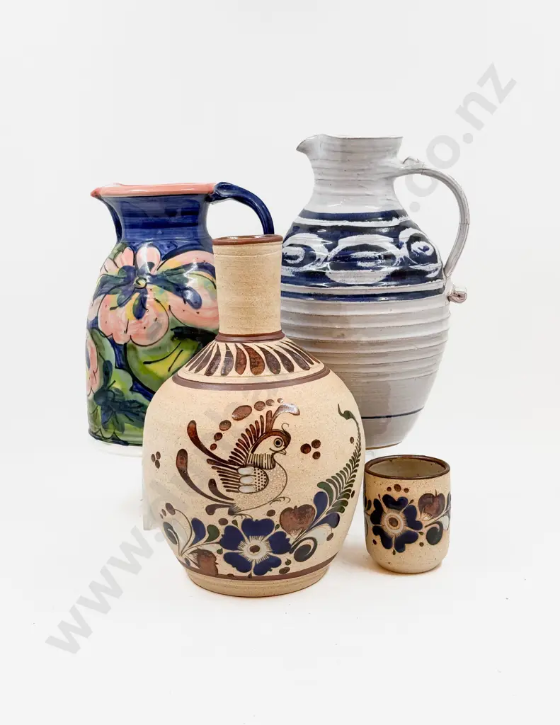 Mexican Pottery Flagon & Cup together with Two Large NZ Pottery Jugs (Faults) Image 1++