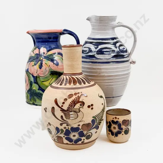 Mexican Pottery Flagon & Cup together with Two Large NZ Pottery Jugs (Faults)