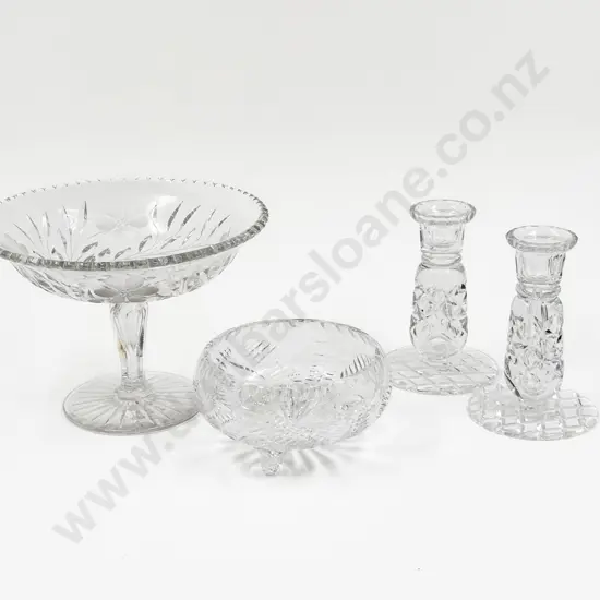 Crystal Comport together with Pair of Crystal Candlesticks & Small Bowl