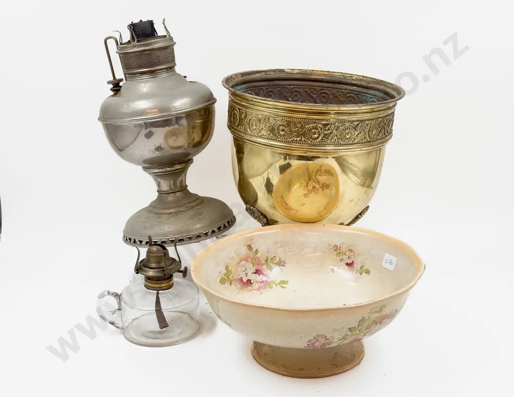 Brass Footed Planter together with Two Kerosene Lamps & Other (Faults) Image 1++