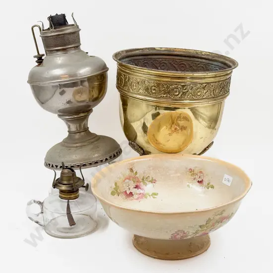 Brass Footed Planter together with Two Kerosene Lamps & Other (Faults)