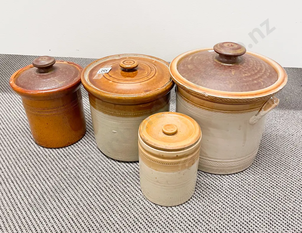 Four Assorted Lidded Stoneware Crocks Image 1++
