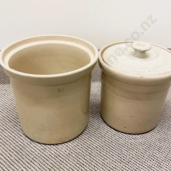 Five Assorted Stoneware Crocks of Sizes (Four with Lids)